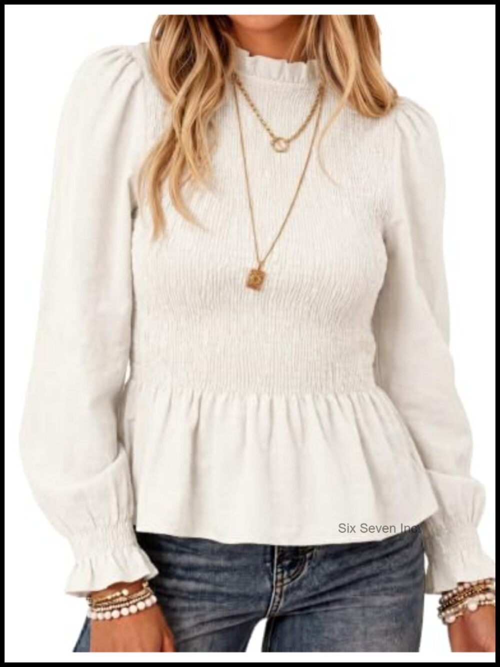 Smocked Peplum Blouse Ruffle Mock Neck Puff Sleeve Top